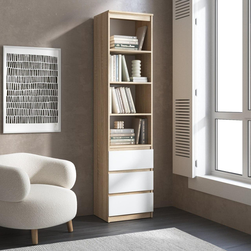 Пенал для книг VAYS R-25 Дуб Сонома-Білий фасад, з відкритими полицями та шухлядами, без ручок, ЛДСП, 50×40×211 см - для вітальні, спальні, офісу Львів - фото 1