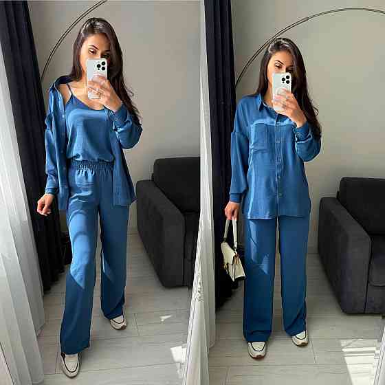 Женский базовый костюм тройка: рубашка майка и штаны креп жатка Джинс, 46/48 Одесса