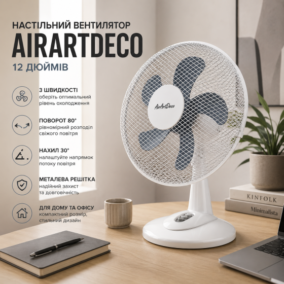 Настільний вентилятор AirArtDeco 12" 3 швидкості, поворот 80°, нахил 30°, металева решітка, вентилятор для дому та офісу Київ