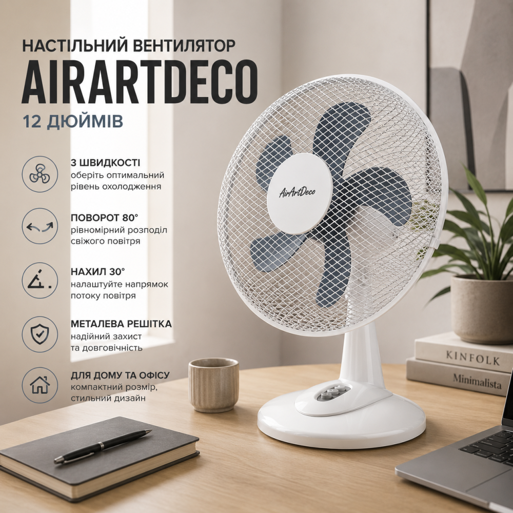 Настільний вентилятор AirArtDeco 12" 3 швидкості, поворот 80°, нахил 30°, металева решітка, вентилятор для дому та офісу Київ - фото 3