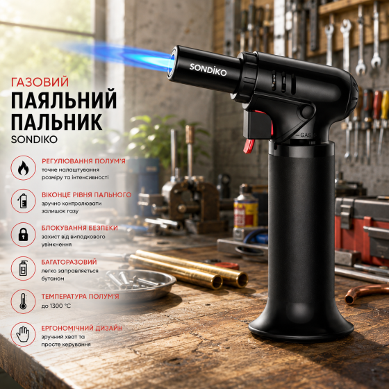 Газовая паяльная горелка Sondiko на бутане с регулировкой пламени и окошком уровня топлива, многоразовая Киев