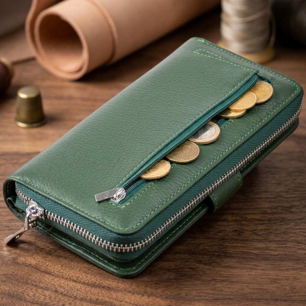 Вертикальний місткий гаманець зі шкіри унісекс ST Leather 19304 Зелений Київ - фото 13