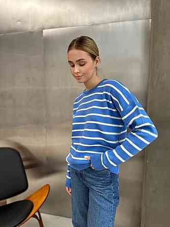 Жіночий базовий смугастий светр оверсайз шерсть 70% акрил 30% Синій Одеса