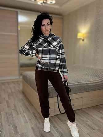Женский прогулочный теплый костюм: кофта в клетку и штаны турецкий двусторонний флис Коричневый, 46/48 Одесса
