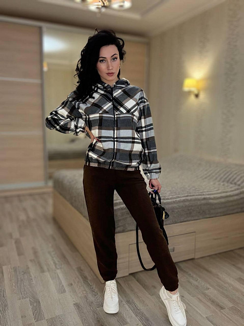 Женский прогулочный теплый костюм: кофта в клетку и штаны турецкий двусторонний флис Коричневый, 46/48 Одесса - изображение 3