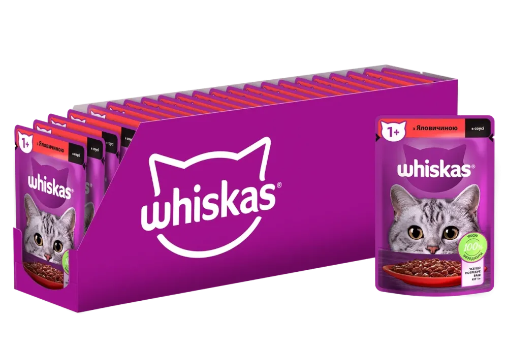 Влажный корм Whiskas (Вискас) с говядиной в соусе для взрослых кошек 85 г (блок 28 шт) Винница - изображение 1