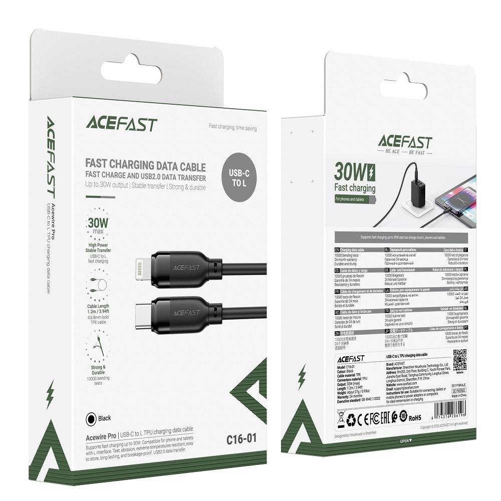 Кабель ACEFAST C16-01 TPU charging data cable USB-C to L Black Одесса - изображение 2