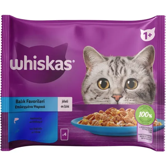 Влажный корм Whiskas (Вискас) с тунцем/лососем в желе для взрослых кошек (упаковка 4 шт x 85 г) Винница
