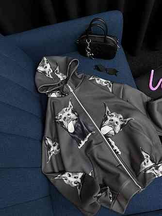 Жіноче тепле оверсайз худі на блискавці з доберманами тринитка на флісі Графіт Одеса