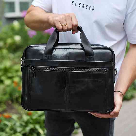 Чоловіча шкіряна ділова сумка портфель для речей і документів Tiding Bag Чорна 38х28х8см Київ