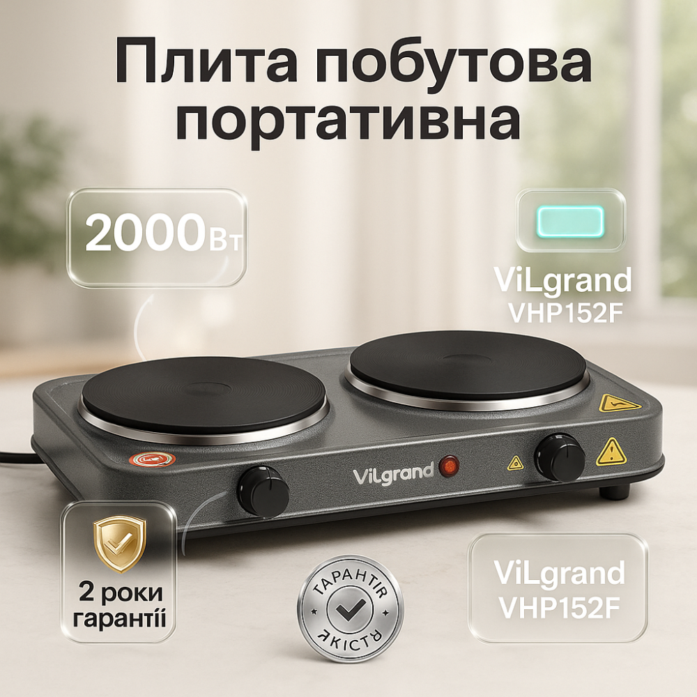 Подвійна електроплита з двома конфорками ViLgrand VHP152F 2000 Вт, Електрична настільна плита OF-68 Львів - фото 7