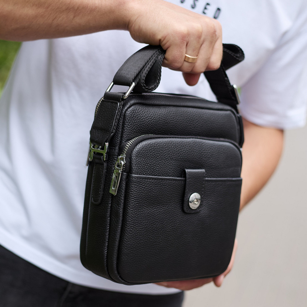 Чоловіча шкіряна сумка з регульованою ручкою, чорна Київ - фото 3