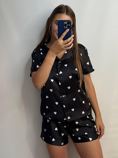 Женская пижама сатиновая Черный в сердечко XS-S Харьков - изображение 5