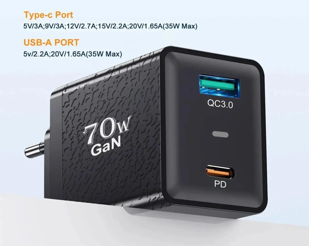 Зарядний пристрій GaN BK312 USB Type-C 70W Quick Charge 3.0 Чорний Київ - фото 2