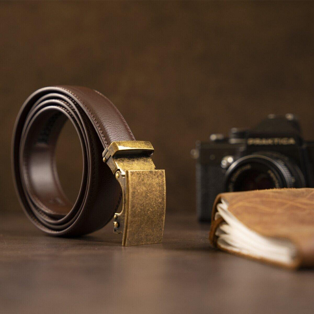 Ремінь з натуральної шкіри з автоматичною пряжкою латунь Vintage 20309 Коричневий Київ - фото 9