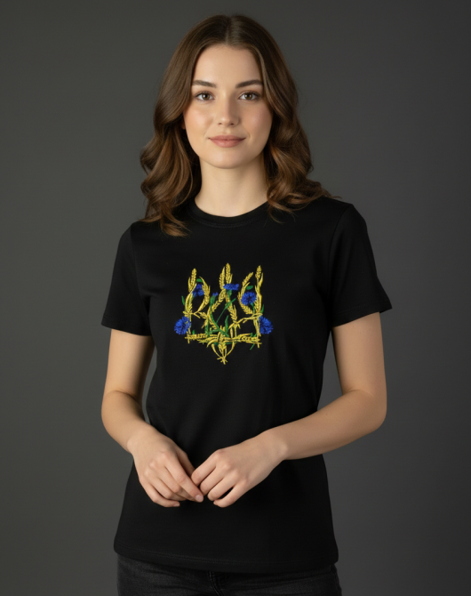 Жіноча Футболка вишита з тризубом (колоски та волошки) чорна 5XL Київ - фото 1