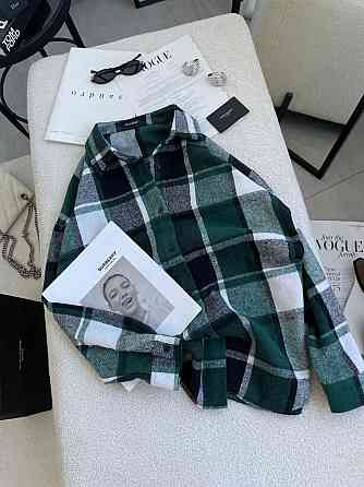 Жіноча тепла оверсайз сорочка в карту кашемір байка Зелений Одеса