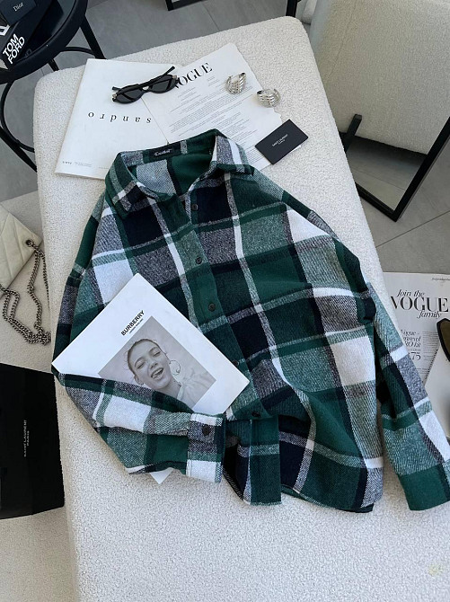 Жіноча тепла оверсайз сорочка в карту кашемір байка Зелений Одеса - фото 1