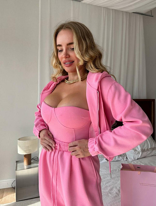 Жіночий стильний прогулянковий костюм-трійка: кофта корсет і штани двонитка Рожевий, 42/44 Одеса - фото 2