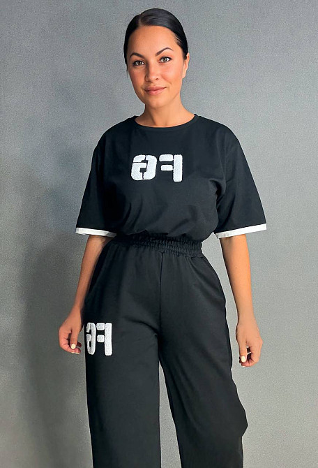 Костюм женский CAPPITONE 101190 оверсайз футболка с нашивкой FG и брюки палаццо на резинке черный, черный, S Киев - изображение 7