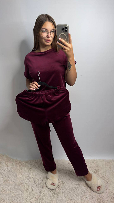 Пижама-комплект (футболка+шорти+штаны) из плюшевого велюра Бордо S Харьков - изображение 1