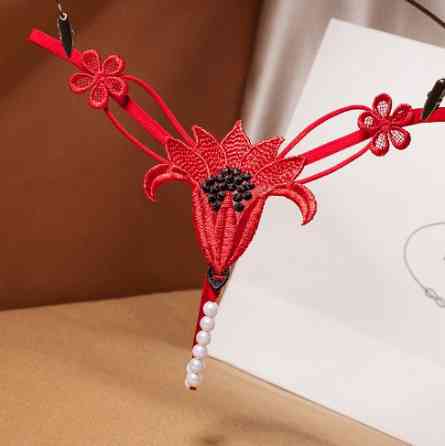 Еротичні труси з перлами червоні "Квітка" - розмір універсальний, (на резинці) Київ