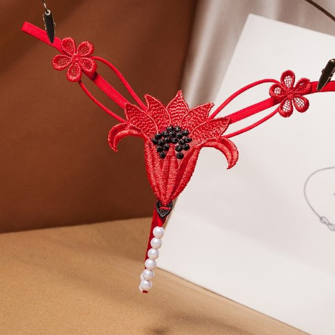 Еротичні труси з перлами червоні "Квітка" - розмір універсальний, (на резинці) Київ - фото 2