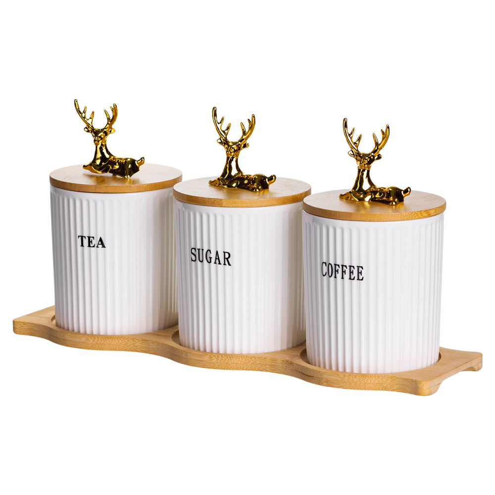 Набір порцелянових банок для сипучіх на бамбуковій підставці 3 шт. по 400 мл для чаю кави цукру SCT-652 Коломия - фото 2