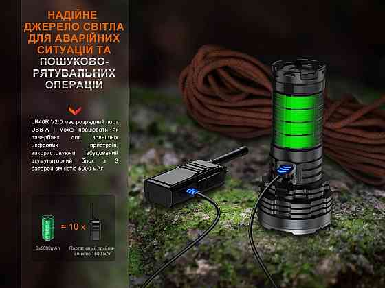 Суперпотужний пошуковий ручний ліхтар Fenix LR40R V2.0 з функцією Power Bank 15000лм Type-C + USB-A  Вінниця