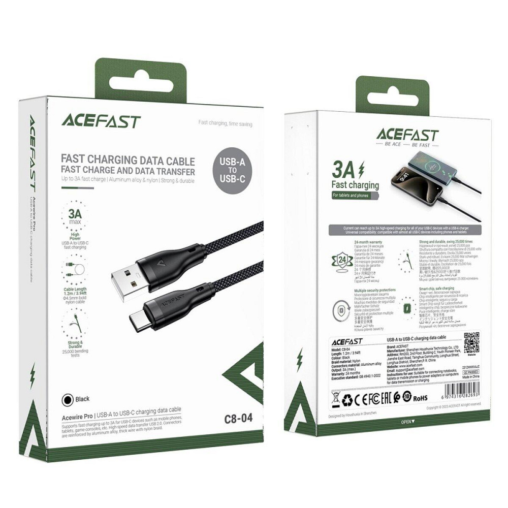 Кабель ACEFAST C8-04 USB-A - USB-C charging data cable Black 6974316282693 Одесса - изображение 7