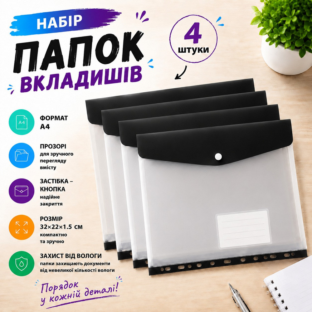 Набор папок-файлов с кнопкой для документов 4 шт формат А4 папка-конверт для фолдера папки-органайзеры прозрачные, чёрный Каменец-Подольский - изображение 1