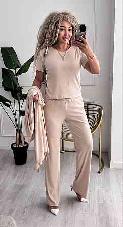 Женский базовый прогулочный костюм тройка: кардиган футболка и штаны трикотажный рубчик Кремовый, 42/44 Одесса
