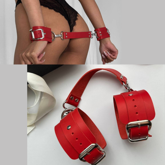 Наручники шкіряні на ремінці із Застібкою для Рольових ігор BDSM з металевою фурнітурою червоні Одеса
