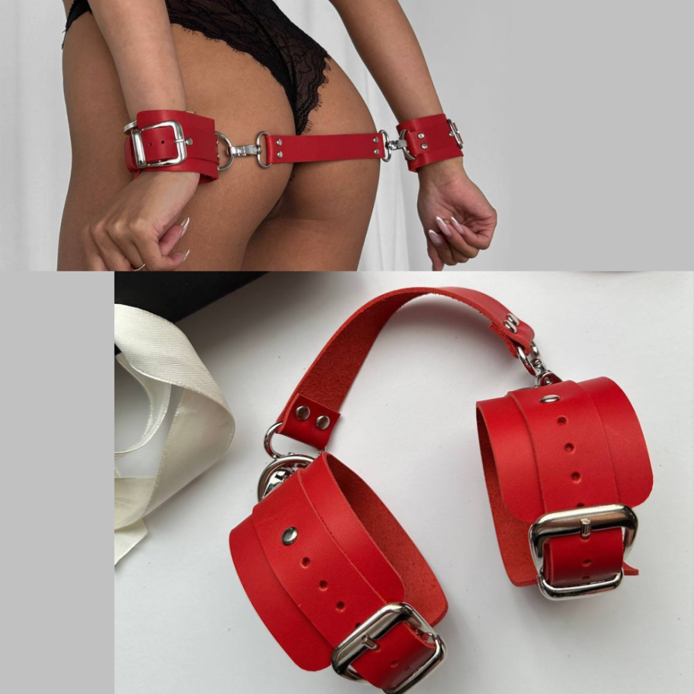 Наручники шкіряні на ремінці із Застібкою для Рольових ігор BDSM з металевою фурнітурою червоні Одеса - фото 1