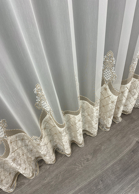 Тюль VR-Textil 1813т Бамбук с вышивкой и бархатом Айвори с бежевым 300х270 см (40-112) Киев - изображение 8