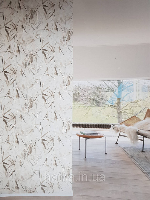 Обои флизелиновые эко Khroma Lotus 0,53Х10 листья пальмы папоротника желтые серые с серебром на бежевом Киев - изображение 1