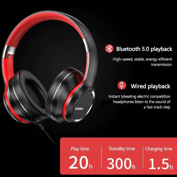 Бездротові накладні навушники з мікрофоном Lenovo HD200 Bluetooth складна гарнітура для ігор з шумозаглушенням, червоно-чорний Запоріжжя - фото 4