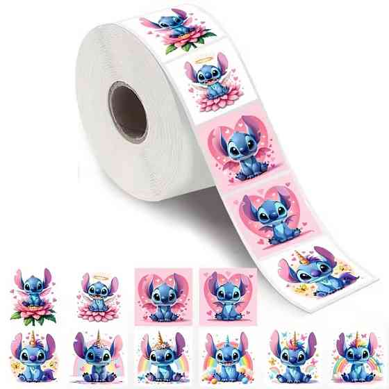 Стікери «Стіч єдиноріг» — рулон 500 шт, Ø2.5 см, милі наліпки для школи, щоденників і пакування Київ