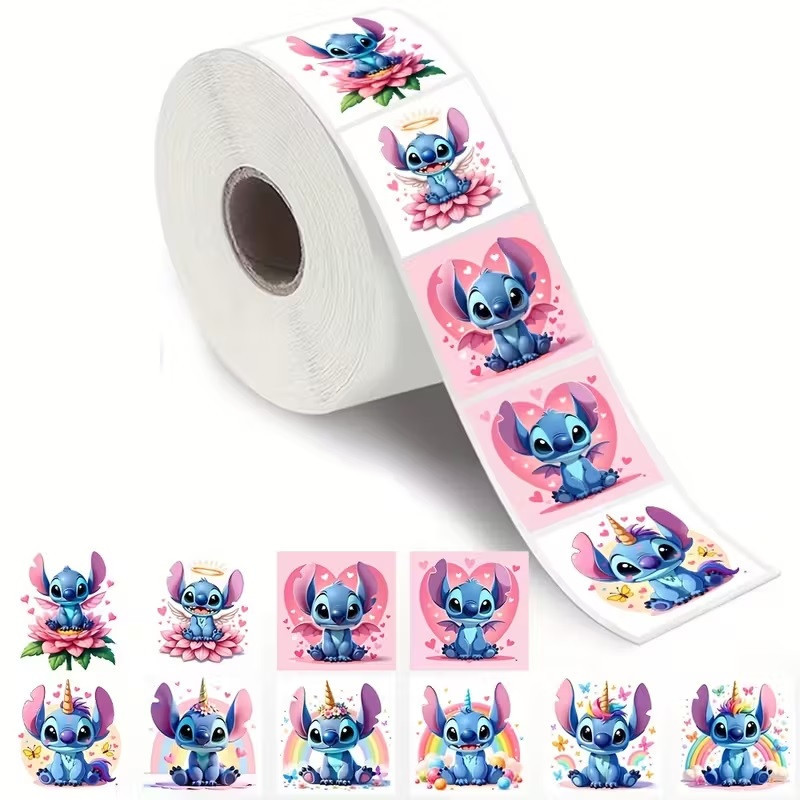 Стикеры «Стич единорог» — рулон 500 шт, Ø2,5 см, милые наклейки для школы, дневников и упаковки Киев - изображение 1