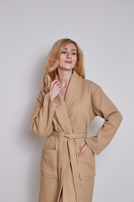 Женский вафельный халат Ideal Textile длинный бежевый (56860639) 3XL Черновцы - изображение 2