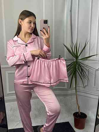 Комплект шовковий трійка сорочка з шортами і штанами Зефірний L Харків