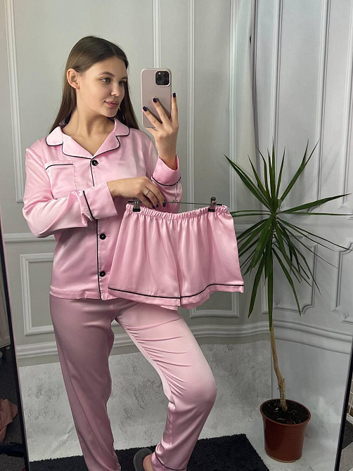 Комплект шовковий трійка сорочка з шортами і штанами Зефірний L Харків - фото 5