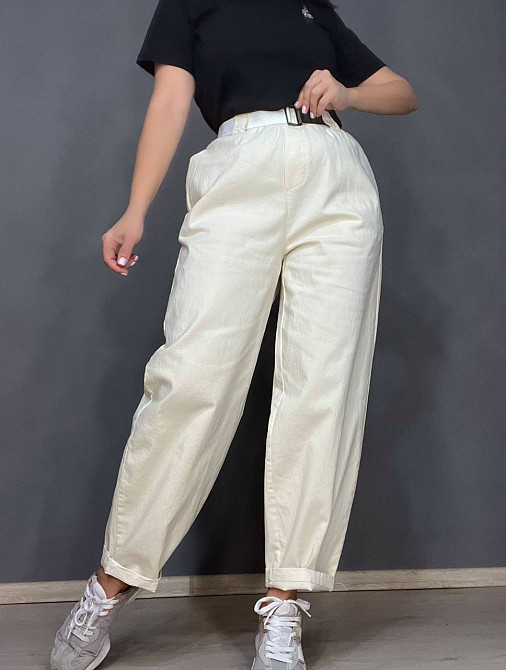Брюки женские A-N 712 МОМ jeans широкие бананы облегченный тонкий коттон с ремнем молочные, молочний, L Киев - изображение 4