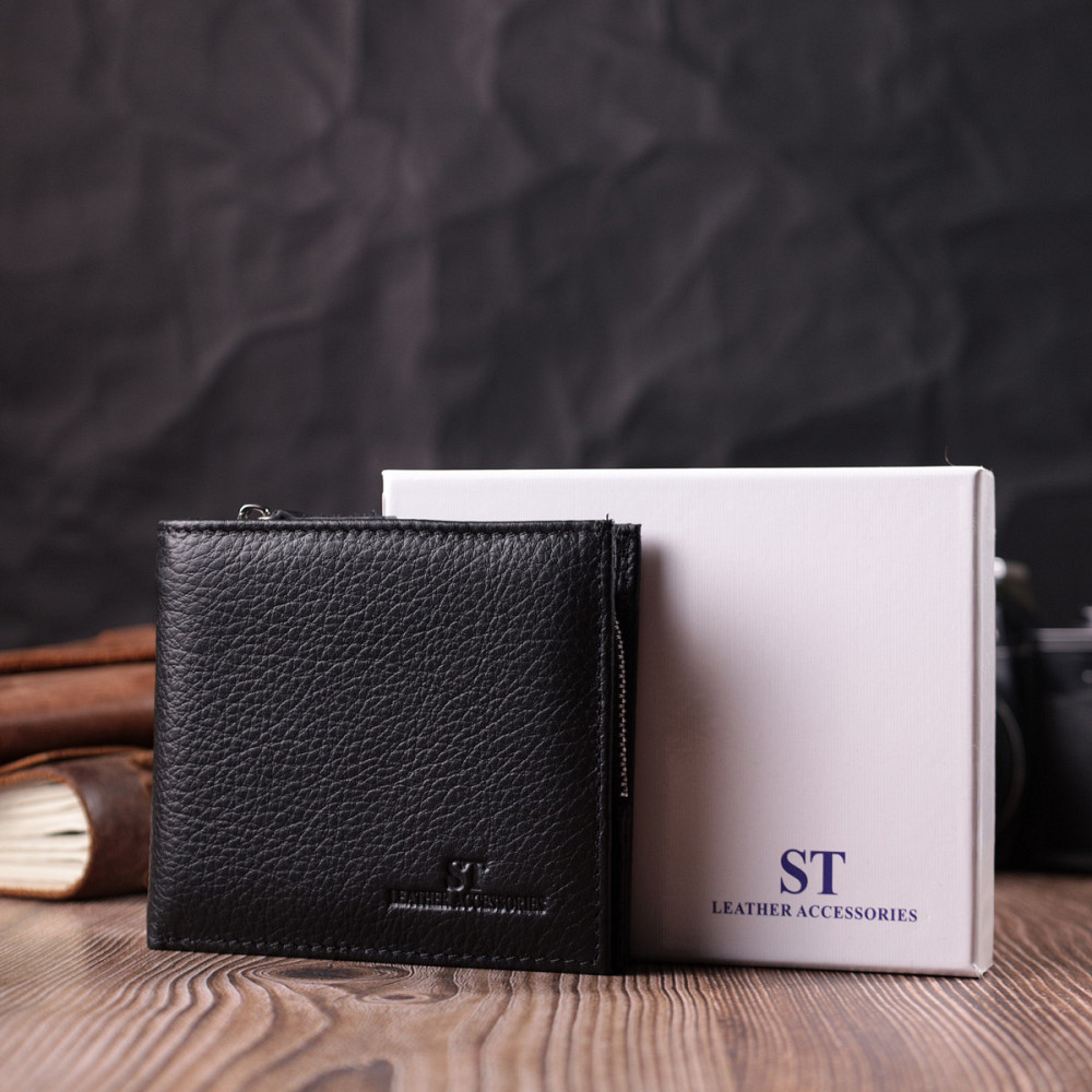 Гаманець середнього розміру з оригінальною монетницею ST Leather 22458 Чорний Київ - фото 1