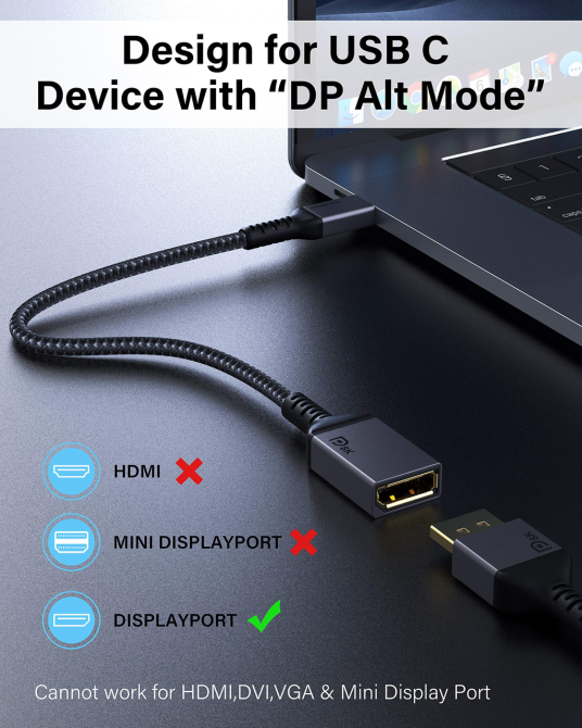 Адаптер Maxonar USB C на DisplayPort 8K@60Hz DP1.4 4K@60Hz/144Hz/120Hz 5K@60Hz 2K@240Hz Адаптер Thunderbolt 3 на DisplayPort HBR3 Київ - фото 2