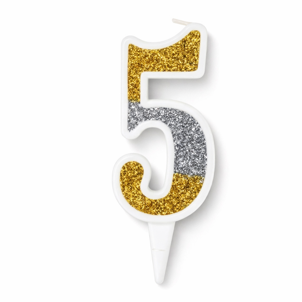 Свічка цифра 5 для торта золото-срібло блиск, святкова свічка на день народження Київ - фото 1