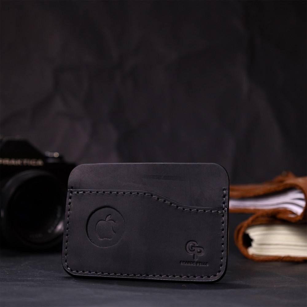 Горизонтальный картхолдер с держателем для Apple AirTag из натуральной кожи GRANDE PELLE 11611 Черный Киев - изображение 5