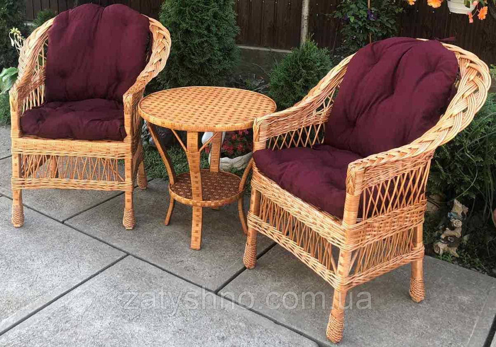 Плетені меблі з 2 кріслами |  Меблі з лози з подушками бордовими | меблі плетені з журнальним  Київ - фото 1