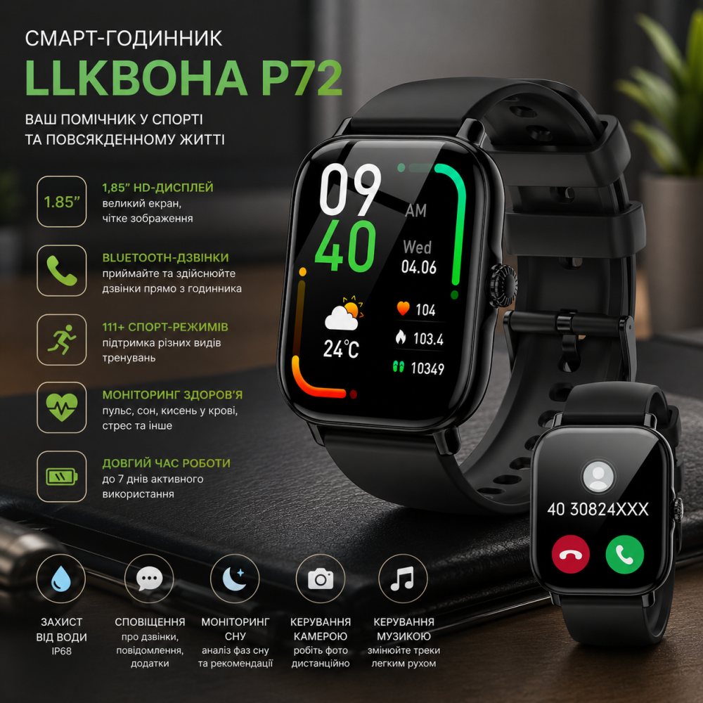 Смарт-годинник LLKBOHA P72: 1,85" HD-дисплей, Bluetooth-дзвінки, 111+ спорт-режимів, моніторинг здоров’я Київ - фото 8