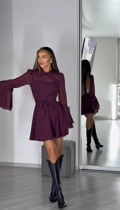 Женское нежное платье с шифоновыми рукавами и воланами костюмка + шифон Марсал, 42/44 Одесса - изображение 8